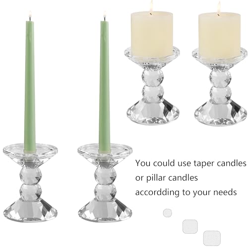 2-Pack Crystal Candle Holders, Clear Crystal Taper or Pillar Candlesticks, Table Centerpiece Home Decor for Wedding, Dining, Party(4.9in Tall)