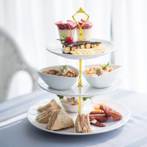 Lucky Will White Tiered Dessert Serving Tray for Kid's Party Supplies Favors 3 Tier Cupcake Cake Stand for Birthday Tea Afternoon Halloween Christmas Candy Bar - color: White
