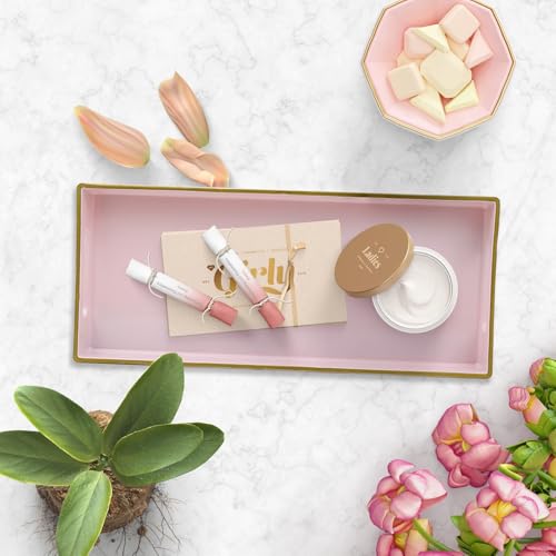 Pink Vanity Tray with Handles, Decorative Tray Desktop Storage Organizer for Bathroom, Living Room, 5.9"*13.7" - color: T1535p