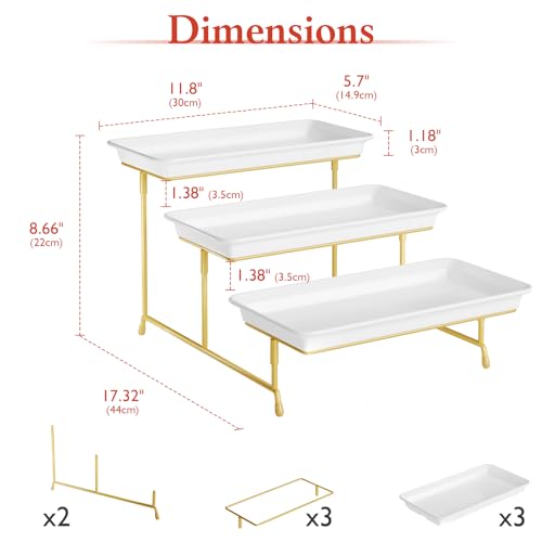 3-Tier Melamine Serving Tray Set, 11.5" x 5.6" Platters for Serving Food, Black Reusable Trays with Black Metal Display Stand for Cupcakes, Sevring Food, Dessert, Fruit, Cookie, Gold - color: Gold, size: 11.8" x 5.7"