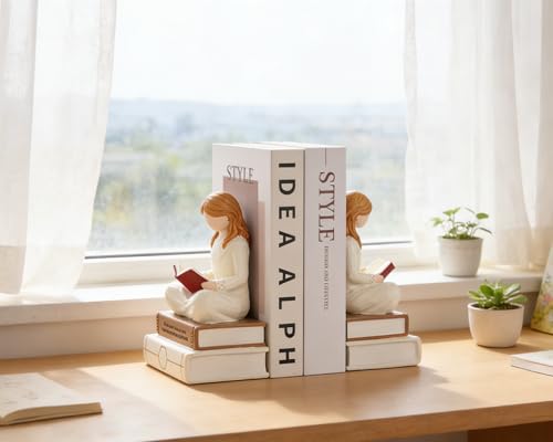 Reading Thinker Figurine Bookend - Handcrafted Book Lover Gifts, Aesthetic Figurine Decor for Bookshelf Desk Office Living Room, Perfect for Women Readers, Graduates, Students, Teachers