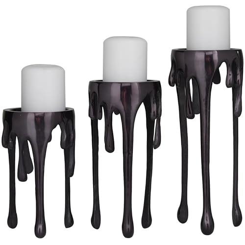CosmoLiving by Cosmopolitan Aluminum Metal Decorative Candle Holder Pillar Candle Stand with Dripping Melting Designed Legs, Set of 3 Candlestick Holder 12", 10", 8"H, Black - color: Black