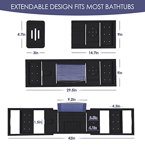 Foldable Bathtub Caddy Tray, Bamboo Bath Tub Tray Table for Tub with Wine Glass Holder Book Phone Tablet Holder with Extending Sides, Adjustable Bathroom Bathtub Free Soap Holder Gift Idea (Black) - color: Black