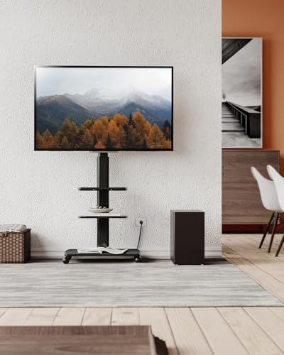 FITUEYES Rolling TV Stand with Power Outlets, Swivel Portable TV Stand for 32-70 Inch LCD LED OLED Flat/Curved Panel Screen TVs, Height Adjustable&Wood Base, Mobile TV Cart with 2 Shelves, Black - color: Black, style: With Wheels & Power Strip