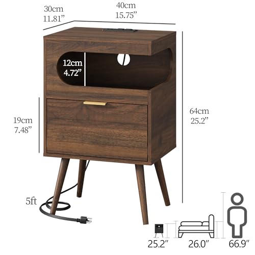 Veegle Nightstand,Modern Bedside Table with Storage Drawer and Open Wood Shelf, Accent Night Stand with Solid Wood Legs for Living Room, Bedroom and Small Spaces,Easy Assembly (Walnut Brown) - color: Walnut Brown