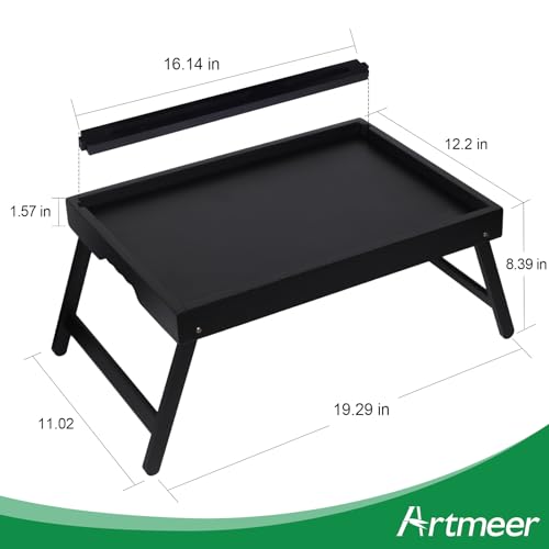 Bed Tray Table with Handles Folding Legs,Bamboo Breakfast Food Tray with Media Slot,Use As Platter,Laptop Desk,Snack,TV Tray Kitchen Serving Tray Black Large - color: Black, size: Large