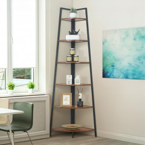CAPHAUS Tall Corner Shelf Stand, 6-Tier Display Shelves, Ladder Corner Wood Storage Plant Bookshelf with Metal Frame, Versatile Shelving Unit Bookcase for Home Office Space, Rustic Oak - color: Rustic Oak, size: 6-Tier