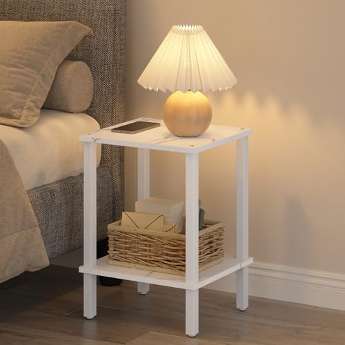 TUTOTAK End Table, Side Table, Nightstand, 2-Tier Storage Shelf, Sofa Side Table for Small Space, Living Room, Bed Room TB01BMW034 - color: Marble White