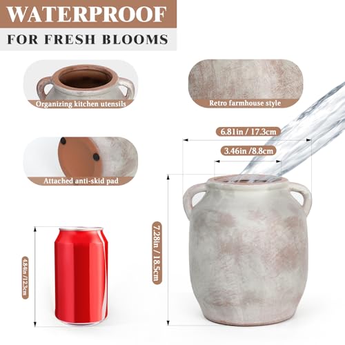 Ceramic Flower Vase with Handle, 7.3 Inch Terracotta Farmhouse Rustic Decor | Waterproof Table Centerpiece for Living Room, Kitchen Shelf & Dining Table | Vintage Pottery Home Decoration - size: 7.3inch