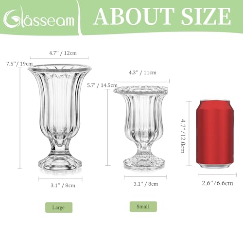 Glasseam Glass Vases for Decor, Small Compote Vase Set of 3, Ribbed Flower Vases for Centerpieces, Fluted Clear Crystal Pedestal Vase for Wedding Table Decorations, 5.7in - size: Small