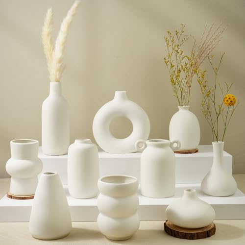 Small White Ceramic Vase Set of 10 Ceramic Bud Vases in Bulk Modern Farmhouse Boho VaseS for Pampas Grass, Flowers, Decorative Ceramic White Flower Vases for Home Decor, Entryway Table Decor
