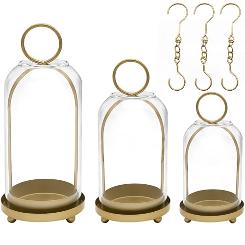 3 Pack Metal Candle Holders with Glass Dome, 5.5" & 4.7" & 3.9" Wide Gold Candlestick Holders Set, Versatile Hurricane Lanterns Candleholders for Pillar Candle, Decorative Glass Display Dome Stands - color: Gold