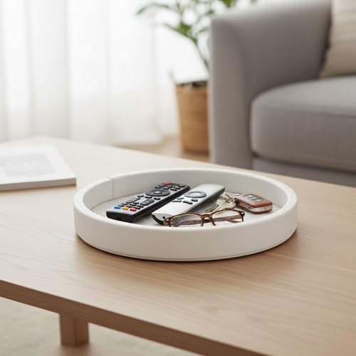 Round Woven Leather Tray, 10" Dia Vanity Tray, Leather Catchall Organizer for Jewelry, Perfume, Keys, Desk Valet Tray for Nightstand, Dresser, Coffee Table Decor, Beige