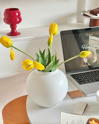 White Ceramic Flower Vase, Decorative Round Vase for Table Shelf Centerpieces Kitchen Living Room Bedroom, Matte White