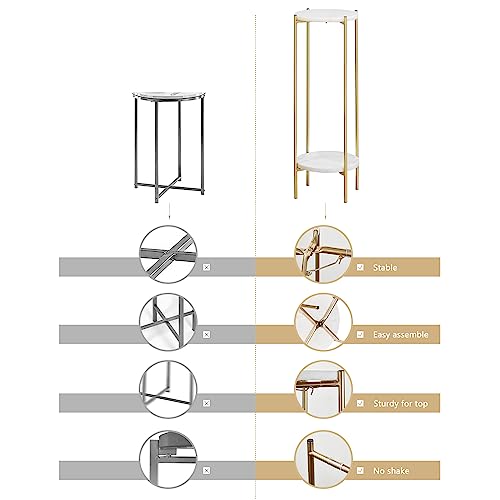 Gold Plant Stand Indoor Tall - 2 Tier White Marble Top Side Table, 29.5 Inch Modern Round Metal End Table for Living Room Corner, Small Bedside Tables for Entryway & Bedroom (11x11, Gold)