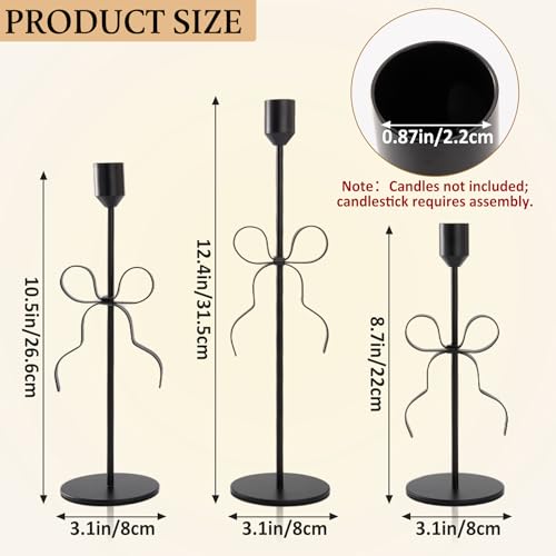 Bow Candle Holder - Bow Candlestick Holder Set of 3 Metal Gold, Modern Decorative Taper Candle Holder for Centerpiece Wedding Dining Table Holiday Housewarming Gift (Black)