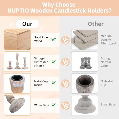 NUPTIO Rustic Candlestick Holders for Decor: Set of 6 Wood Taper Candles Holder - Vintage Candle Stick Tapered Holders for Fall Christmas Party Holiday Home Table Centerpiece - size: Standard Set
