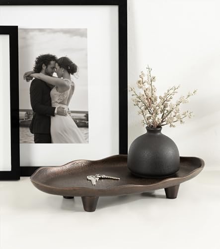Kate and Laurel Alessia Modern Decorative Scalloped Oval Footed Metal Tray; 14 x 8; Bronze; Transitional Food-Safe Cast Aluminum Pedestal Tray with Rough Texture and Deckled Edge - color: Bronze