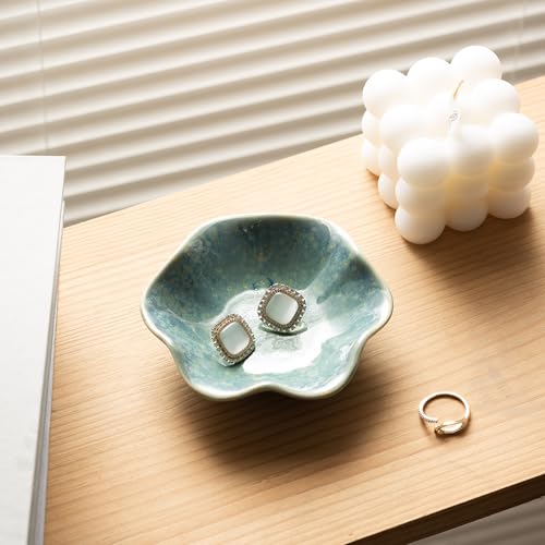 Ceramic Ring Dish, Jewelry Dish Holder, Small Trinket Tray Plate for Earrings Rings Necklaces Keys, Gift for Mom Friend Sister on Birthday Mother's Day Christmas (Cyan Surface) - color: Cyan Surface