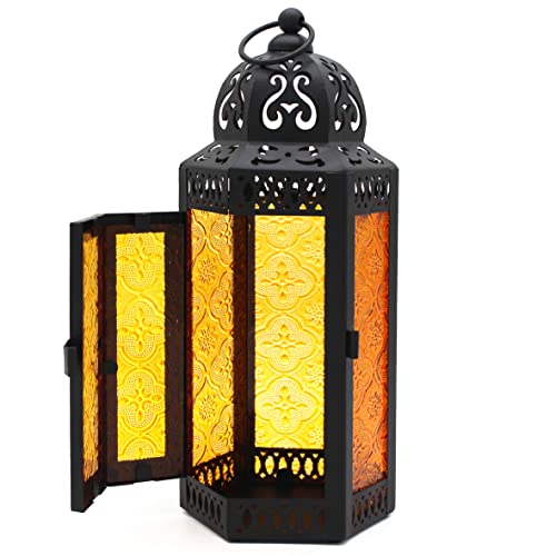 CVHOMEDECO. Decorative Candle Lantern Moroccan Lanterns Vintage Black Metal Lantern Holder for Home Patio Outdoor Decor. Amber Glass, Medium - color: Amber