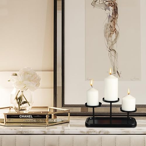 3arms Pillar Candle Holder Tray, Metal Black Candlestick Holder, Candle Holders Set of 3, for Dining Room, Table Centerpiece Decor,Decorative Tray - size: pillar's 3arms