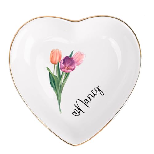 Ship Next Day, Personalized Ceramic Jewelry Dish, Custom Birth Flower & Name Trinket Tray for Mother's Day, Bridesmaid, Birthday Gift - Heart - color: Birth Flower Jewelry Tray-heart