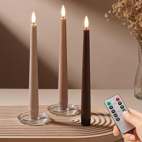 Brown Flameless Taper Candles with Remote, 9.6 Inches Real Wax Battery Operated Candles, 3 Pack Flickering LED Candlesticks, Tall Taper Fake Candles for Home, Wedding, Party - color: Gradient Brown