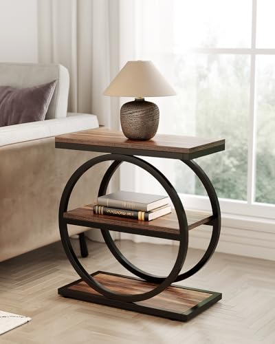 LITTLE TREE End Table, 3-Tier Side Table, Slim Sofa Side Table for Living Room, Tall Bedside Table Nightstand for Bedroom, Rustic Brown and Black - color: Rustic Brown