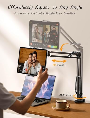 LISEN Tablet Stand iPad Stand for Desk Mount [Ultra Sturdy 2 Clamps] iPad Holder for Tablet Holder Mount Desk Accessories for Men fits iPad Air, iPad 12, iPhone 17e, 4-13" Device (Black) - color: Black
