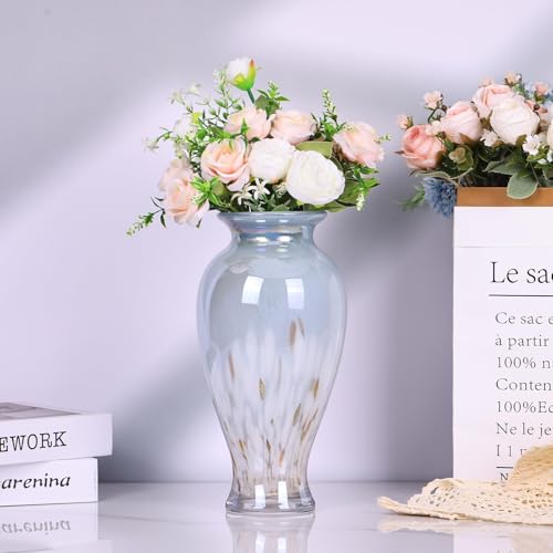Hand Blown Glass Vase 11.8" Tall Beautiful Blue White Sea Wide Mouth Bud Vase for Table Centerpiece, Painted Colorful Murano Glass Flower Vases for - Home Entrance Wedding Center - color: Blue and White