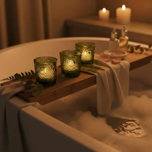 12 Pack Patented Sun Moon Star Embossed Glass Tea Light Candle Holders - Unique Votive Candle Holders for Wedding, Party, and Table Centerpieces (Moss Green) - color: Moss Green
