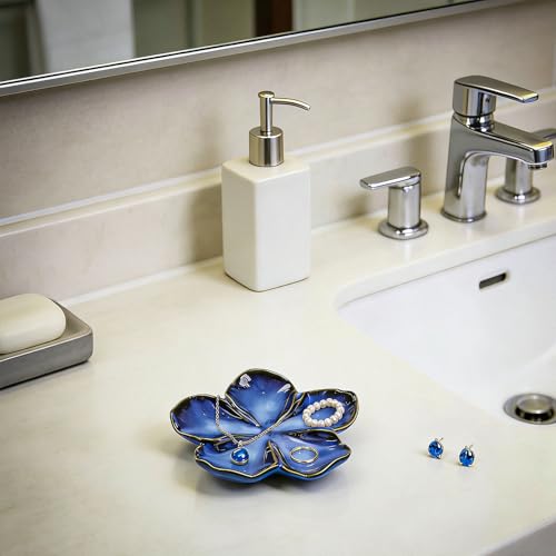 SEEDUSTRY Ceramic Jewelry Tray, Petal Ring Dish, Small Ceramic Jewelry Trinket Holder, Desktop Decoration, Dainty‌ Plate for Rings, Earrings, Necklace, Gifts for Mother Girlfriend Daughter Sister - color: Ink Blue