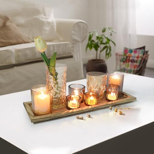 Rustic Wooden Tray with 8 Brown Glass Votive Candle Holders, Decorative Tea Light Holder Set for Mantel, Centerpiece, Dining Table Centerpiece Set, and Home Decor(Set of 8 Pieces) - color: Brown