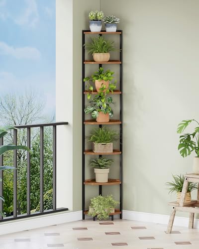 Hzuaneri Corner Shelf Stand, Corner Bookshelf, Storage Standing Shelf Unit with Metal Frame, Plant Stand, Bookcase for Living Room, Home Office, Bedroom, 7-Tier Rustic Brown CS07001B - color: Rustic Brown, size: 7 Tier