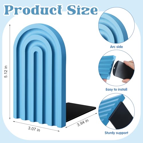 Harloon 4 Pcs Boho Arch Wooden Bookends, Decorative Rainbow Book Stoppers with Non-Slip Metal Base, 5x3x4 Inches, Cute Shelf Decor for Heavy Books, Home Office Study Desk Organizer(Denim Blue Color) - color: Denim Blue Color
