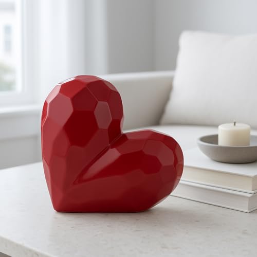 Decorative Ceramic Heart Sculpture for Home Decor - Ornament for Bathroom, Office, and Living Room Decor - Modern Figurine Accent for Bedroom, Shelf Display, and Coffee Table - 12", Red - color: Red, size: 11x5x11