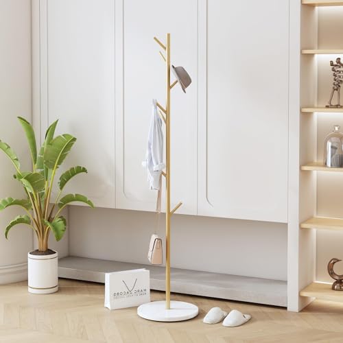 Gold Coat Rack Freestanding, Metal Coat Tree with Marble Base, Coat Rack Stand with 8 Hooks, Entryway Coat Stand for Hanging Clothes, Hats, Bags - size: 67in-bra