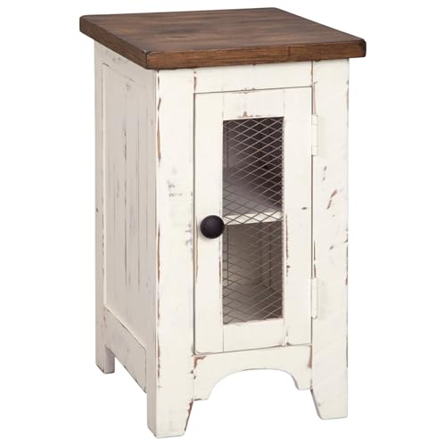 Signature Design by Ashley Wystfield Farmhouse Chair Side End Table with Cabinet Door for Storage, White & Brown with Distressed Finish - color: Dark Brown & White