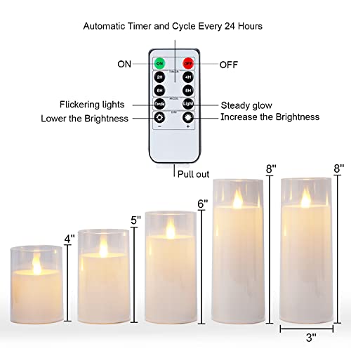 Homemory Pure White Flickering Flameless Candles, Battery Operated Acrylic LED Pillar Candles with Remote Control and Timer, Set of 5 - color: Pure White