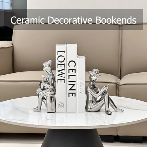 Decorative Book Ends Ceramic Bookends for Shelves, Home Office Decor Aesthetic Statues Book Stopper for Bookshelf Table Bedroom Living Room Decoration (Silver) - color: Silver