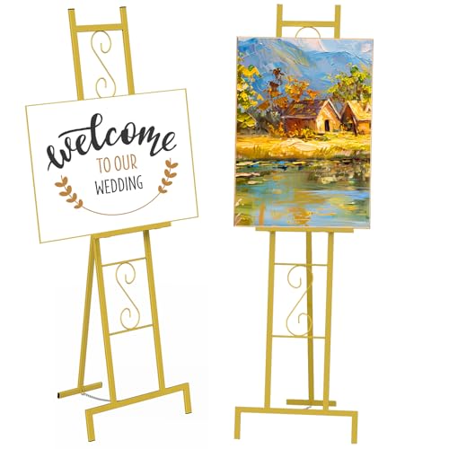 58''H Gold Easel Stand for Sign, Adjustable Welcome Wedding Sign Stand for Display with Chain Support, Heavy Duty Metal Poster Easel Holder for Party Painting, 17'' x 17'' x 58''H（1 Pack） - style: 1pack-Gold
