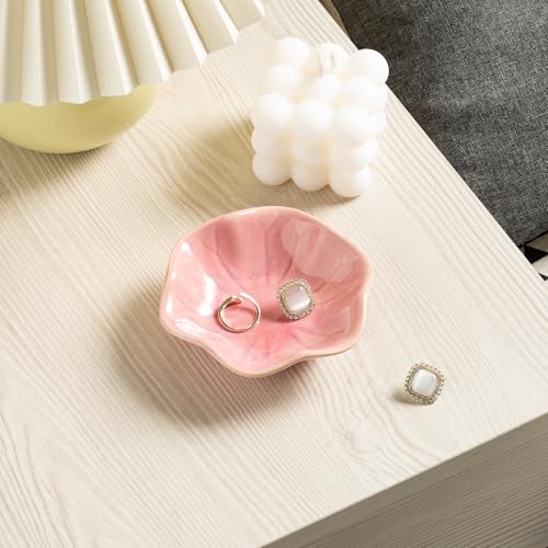 Ceramic Ring Dish, Jewelry Dish Holder, Small Trinket Tray Plate for Earrings Rings Necklaces Keys, Gift for Mom Friend Sister on Birthday Mother's Day Christmas (Pink Surface) - color: Pink Surface