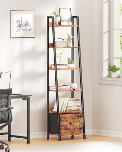 Furologee Bookshelf Set of 2, 6-Tier Ladder Shelf, Ladder Bookshelf with Drawer, Set of 2 Bookshelves, Metal Storage Shelf for Living Room, Home Office, Bedroom, Balcony,Kitchen, Rustic Brown - color: Rustic Brown, size: 6 Tier -2 PCS