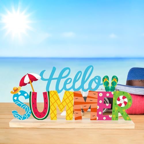 COCHIE Metal Hello Summer Sign, Summer Decorations for Home, Office, Shelf, Mantel, Indoor, Beach Slippers Tabletop Centerpiece Decoration, Watermelon Red Decor (Beach) - style: Beach