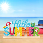 COCHIE Metal Hello Summer Sign, Summer Decorations for Home, Office, Shelf, Mantel, Indoor, Beach Slippers Tabletop Centerpiece Decoration, Watermelon Red Decor (Beach) - style: Beach