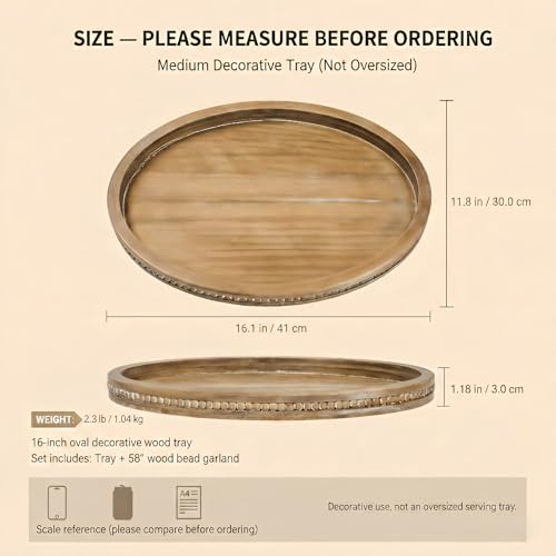 16" x 11.8" Oval Wood Decorative Tray with 58" Bead Garland, Farmhouse Coffee Table & Kitchen Island Décor, Rustic Brown Entryway Console Tray for Styling, Candles & Small Items