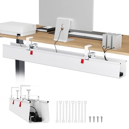 Univivi No Drill Under Desk Cable Management Tray, 48" Cord Organizer for Table, Clamp/Screw Mount Desk Cable Management, Premium Fabric Cable Management Tray for Office, Home (Extra Large) - color: White, size: 48"L x 5.5"W