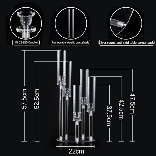 4PCS 5 Arm Acrylic Candelabra for Table Wedding Centerpiece,Crystal Clear Candle Stick Holders Candelabra Centerpiece Stands with Removable Lampshade for Party Easter Baby Shower Fit 0.8 LED Candle - size: 22.6"Tall