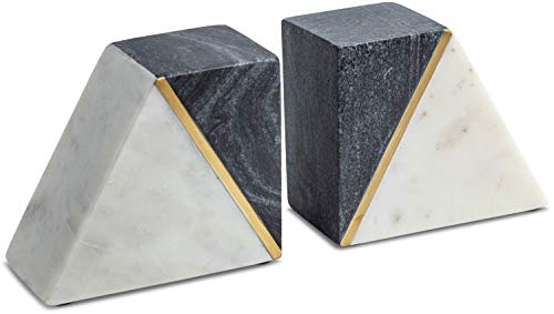 Cork & Mill Marble Book Ends for Shelves, Decorative Bookends for Heavy Books, Unique Mid Century Modern Gray and White Bookends with Brass Inlay, Heavy Duty Bookshelf Stopper, Set of 2 - color: White / Grey + Brass
