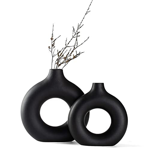 Black Ceramic Donut Vase Set of 2, Hollow Round Matte Pampas Flower Vases for Boho Home Wedding Party Room Dinner Table Shelf Decor.（Black） - color: Black, size: Donut Set of 2